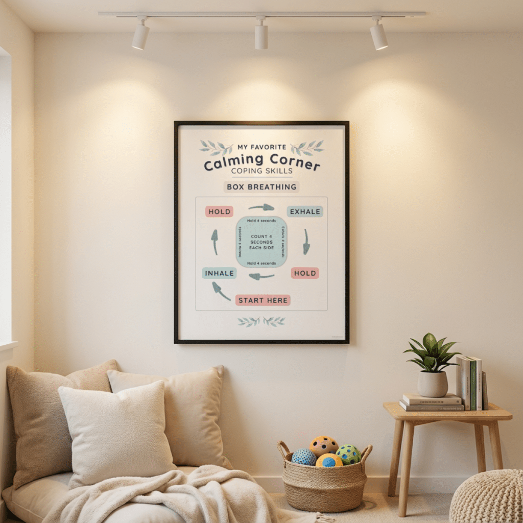 box breathing technique printable poster for calming corner in therapist office or classroom