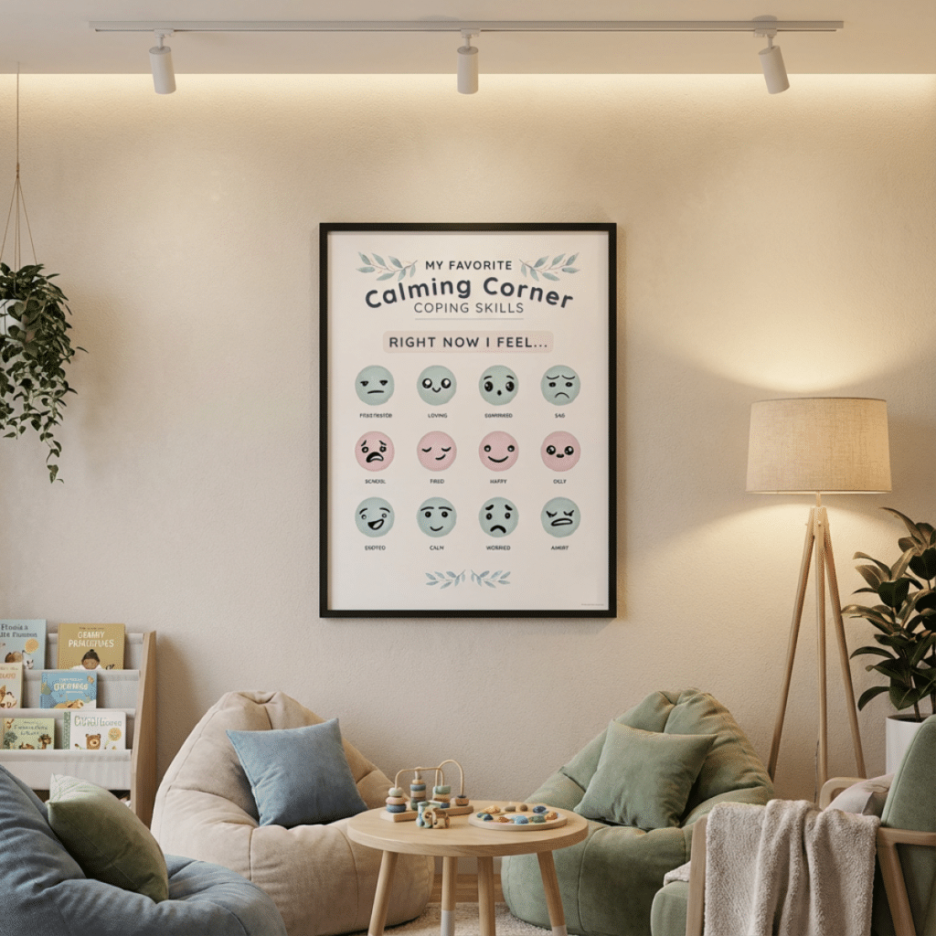 printable feelings identification calming corner poster with watercolor feelings faces for kids and child therapy