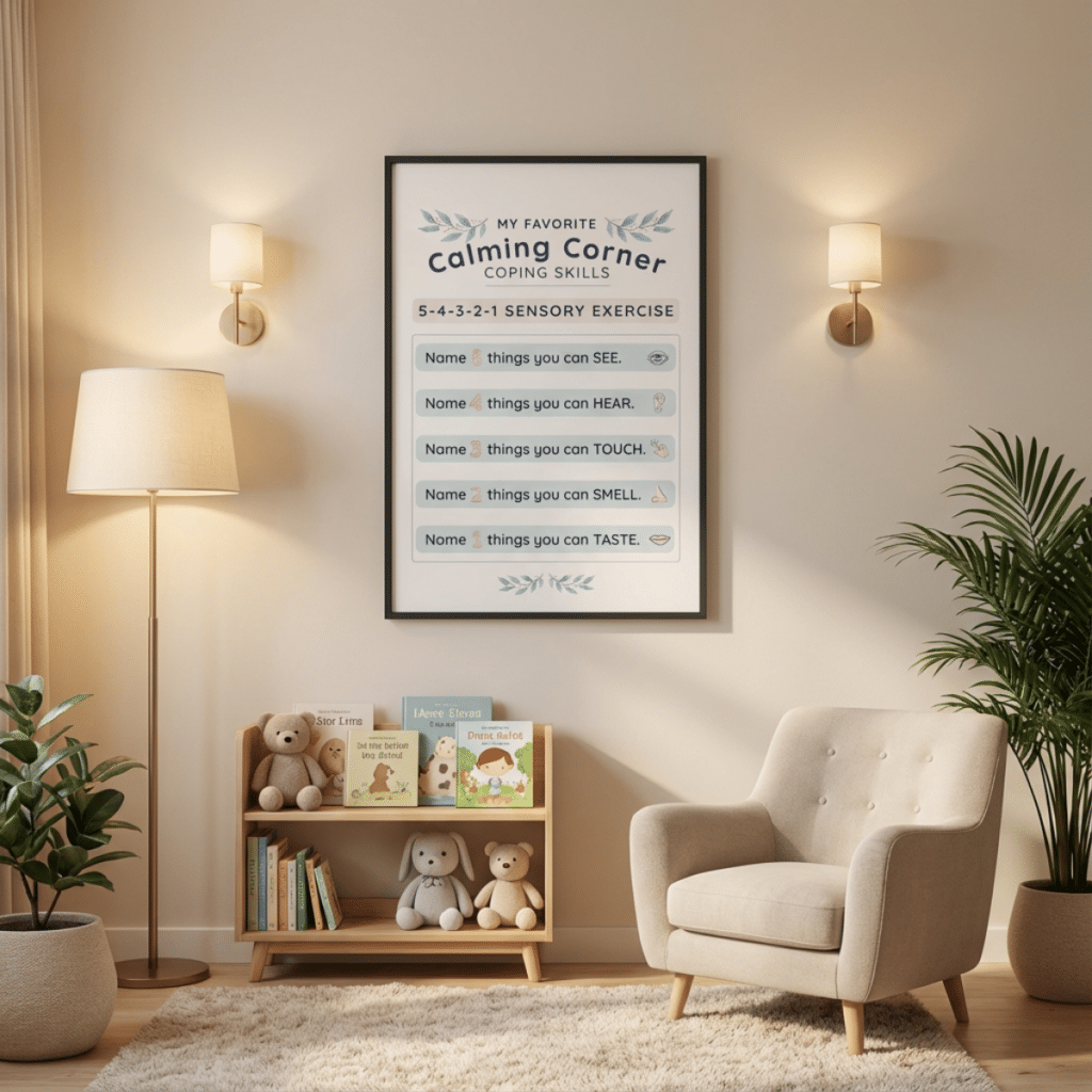 grounding technique calm down corner poster for grounding skills activities for kids printable poster 5-4-3-2-1 grounding sensory exercise